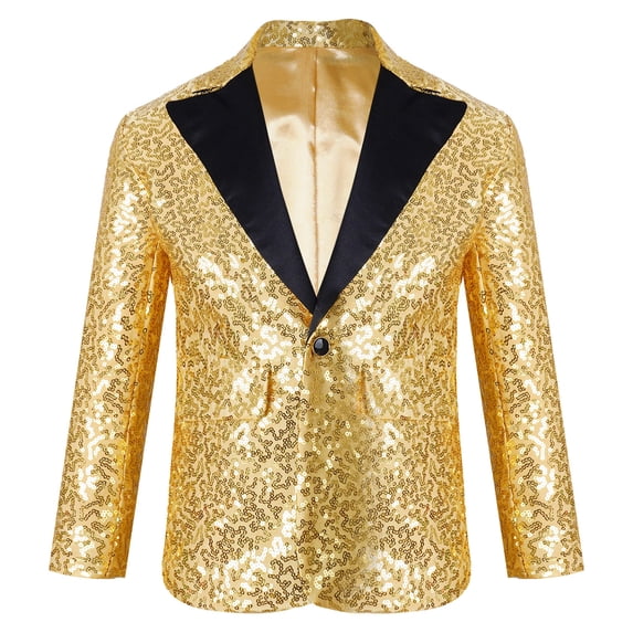 LiiYii Kids Boys Shiny Sequins Wedding Evening Suit Blazer Notch Lapel One Button Performance Party Gold 14