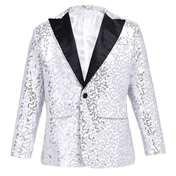 LiiYii Kids Boys Shiny Sequins Wedding Evening Suit Blazer Notch Lapel One Button Performance Party Silver 12
