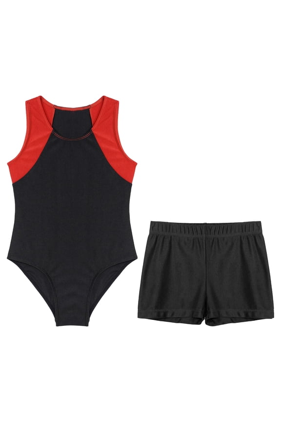 Kids Boys Sports Outfit Gymnastics Dance Leotard Training Bodysuit with Shorts Athletic Red&Black 8