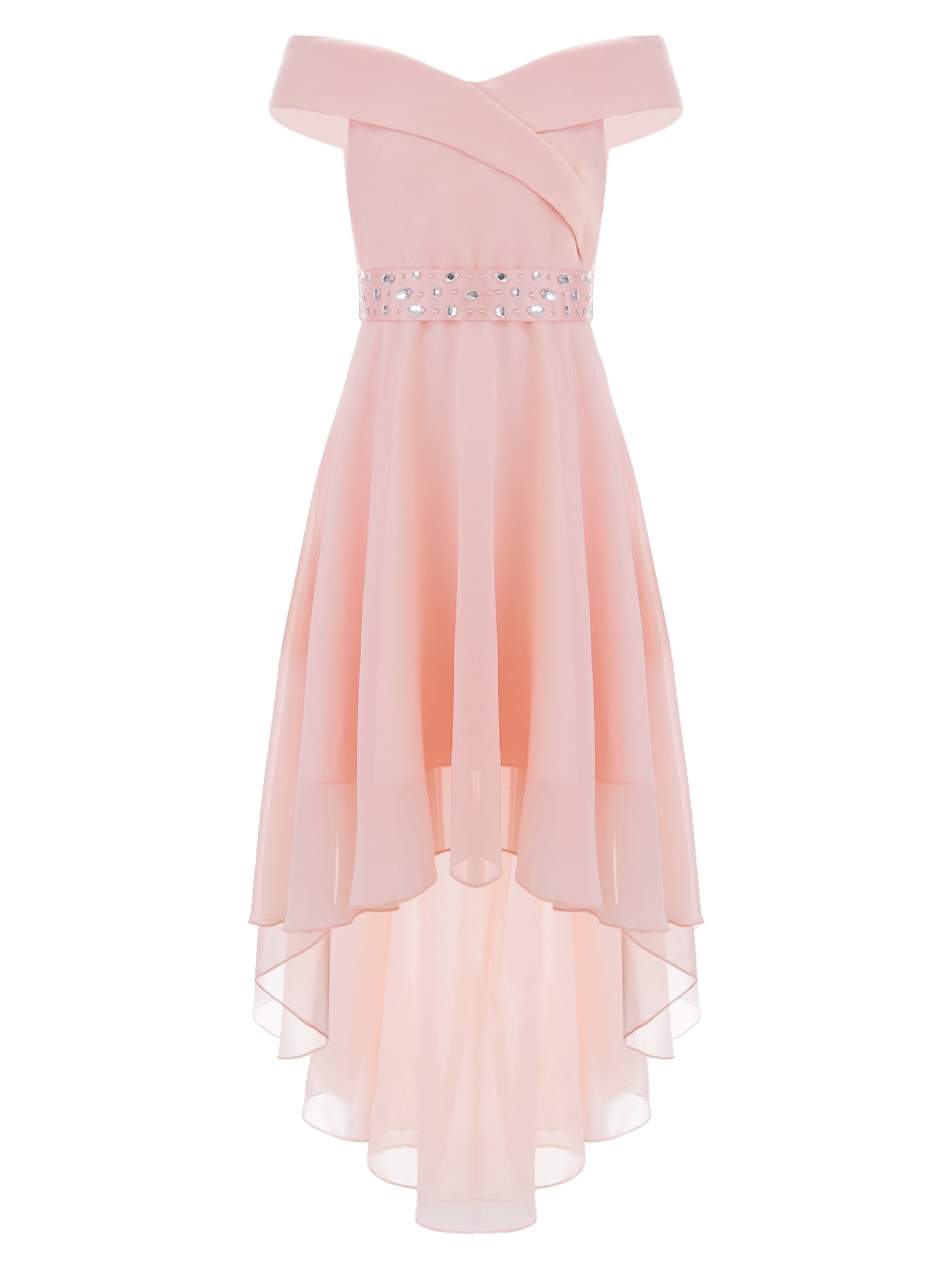 LiiYii Kids Chiffon Flower Girl Dress Off Shoulder High Low Hem