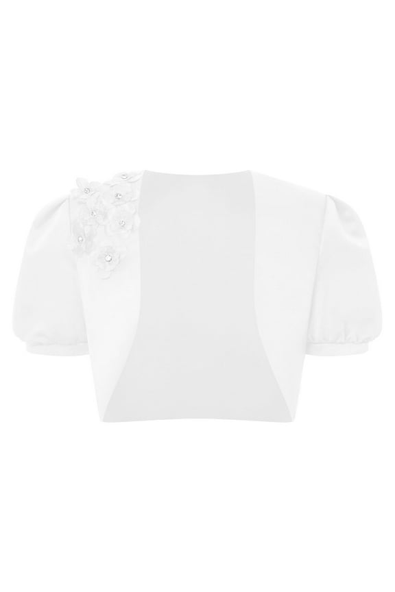 Kids Girl's Short Sleeve Shrug 3D Applique Cardigan Bolero Shrug Dressy Jacket White 12