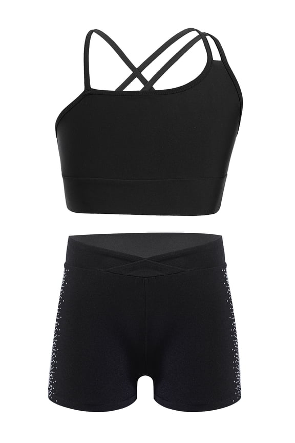 Kids Girls 2 Pcs Dance Outfits Crop Top with Tumbling Shorts Set Gymnastics Yoga Sports Suit Black 8