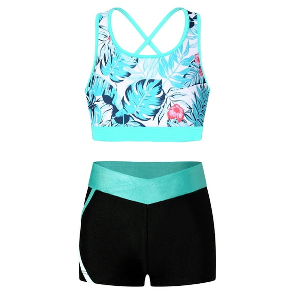 LiiYii Kids Girls 2 Piece Tankini Swimsuit Sport Crop Top Crisscross Tank with Swimming Trunks Shorts Leaf 16