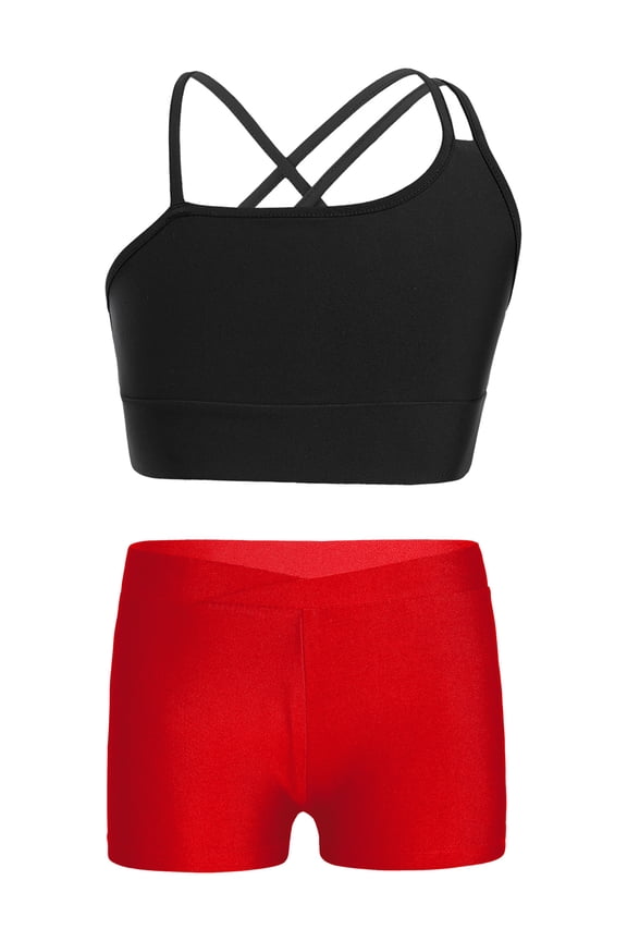 Kids Girls' 2 Pieces Dance Outfit Sport Crop Top Bra with Shorts Set Sports Workout Gymnastics Black&Red 3XL