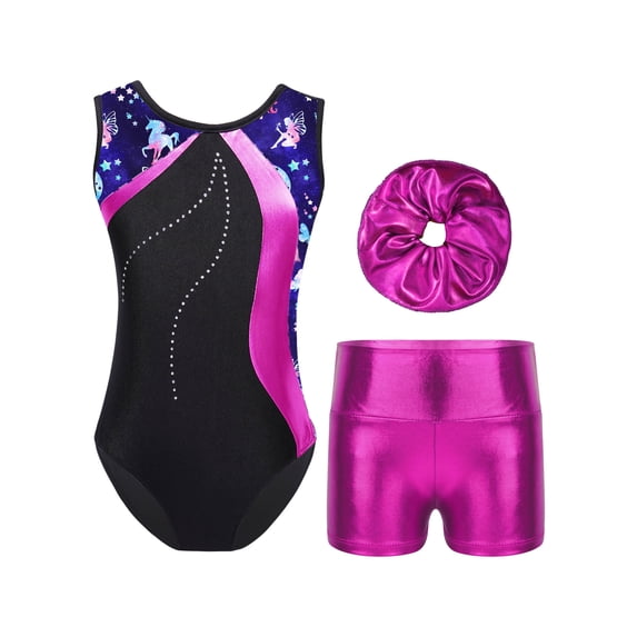 LiiYii Kids Girls 3Pcs Gymnastics with Shorts Headband Set Sleeveless Ballet Leotard Dance Biketard Rose 10