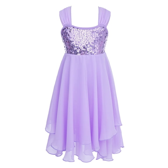 LiiYii Kids Girls Adjustable Shoulder Straps Chiffon Shiny Sequins Leotard for Ballet Modern Dance Lavender XL