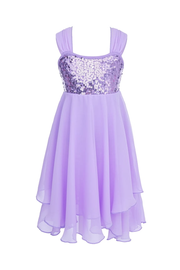 Kids Girls Adjustable Shoulder Straps Chiffon Shiny Sequins Leotard for Ballet Modern Dance Lavender XL