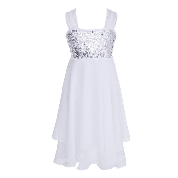 LiiYii Kids Girls Adjustable Shoulder Straps Chiffon Shiny Sequins Leotard for Ballet Modern Dance White 3XL
