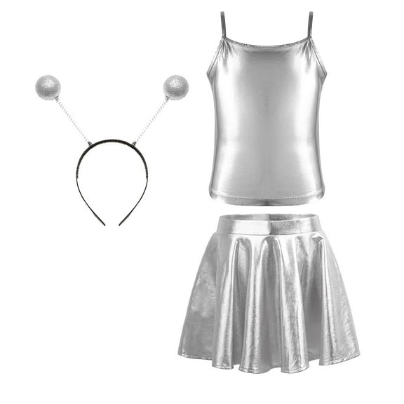 LiiYii Kids Girls Alien Dance Outfit Feeler Headband Metallic Top Pleated Skater Skirt for Party Silver 6