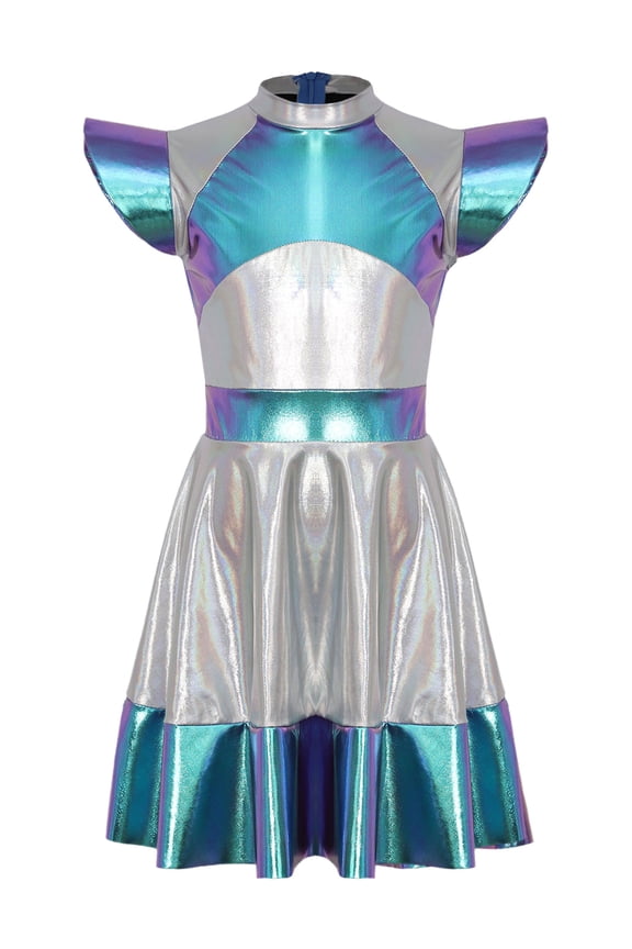Kids Girls Alien Outfit Party Fancy Dress Up Cap Sleeve Glossy Metallic Color Block Midi Dress Blue 16