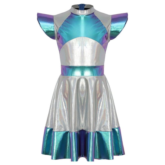 LiiYii Kids Girls Alien Outfit Party Fancy Dress Up Cap Sleeve Glossy Metallic Color Block Midi Dress Blue 6