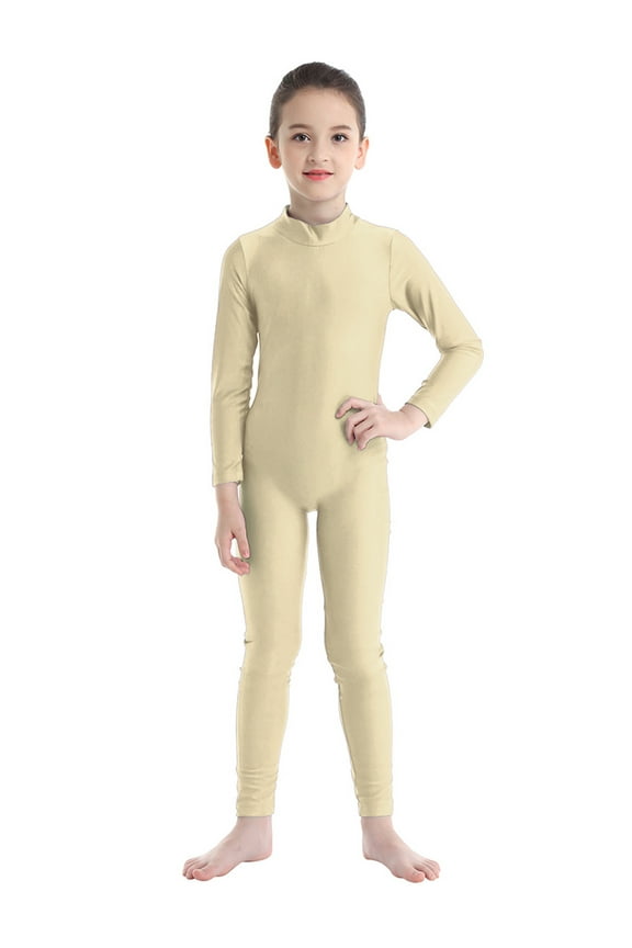 Kids Girls Ballet Dance Unitard Gymnastics Leotards Full Body Long Sleeve One Piece Bodysuit Catsuit Beige 7-8