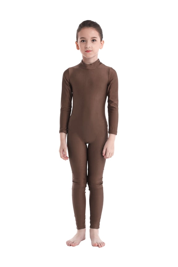 Kids Girls Ballet Dance Unitard Gymnastics Leotards Full Body Long Sleeve One Piece Bodysuit Catsuit Brown 15-16