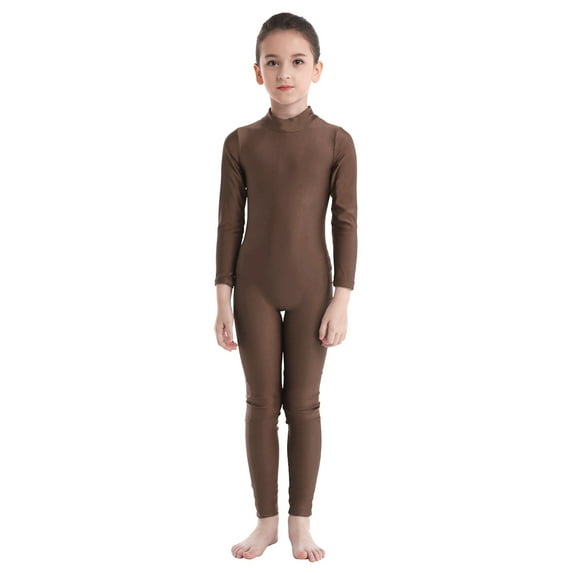 LiiYii Kids Girls Ballet Dance Unitard Gymnastics Leotards Full Body Long Sleeve One Piece Bodysuit Catsuit Brown 9-10