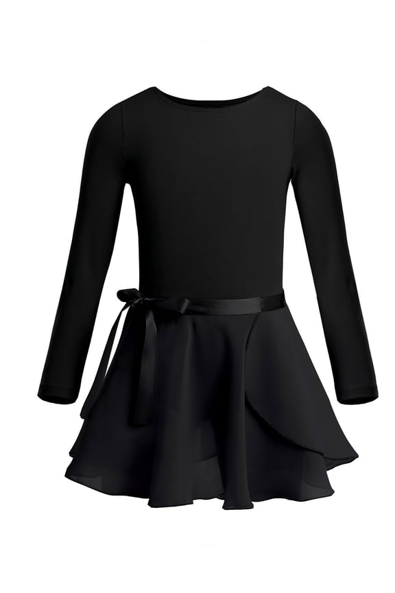 Kids Girls Basic Ballet Dance Combo Dress Long Sleeve Gymnastics Leotard with Wrap Skirts Black L