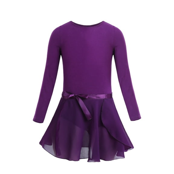 LiiYii Kids Girls Basic Ballet Dance Combo Dress Long Sleeve Gymnastics Leotard with Wrap Skirts Dark Purple XS