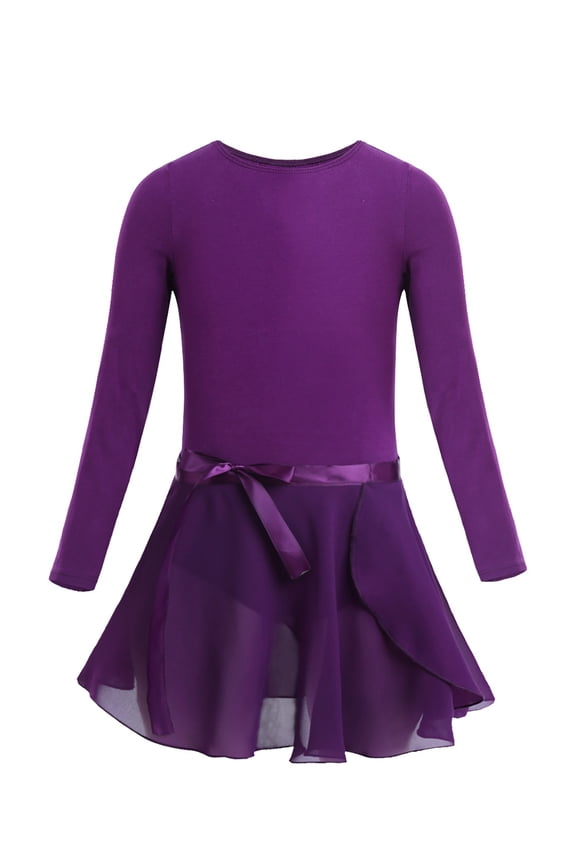 Kids Girls Basic Ballet Dance Combo Dress Long Sleeve Gymnastics Leotard with Wrap Skirts Dark Purple XS