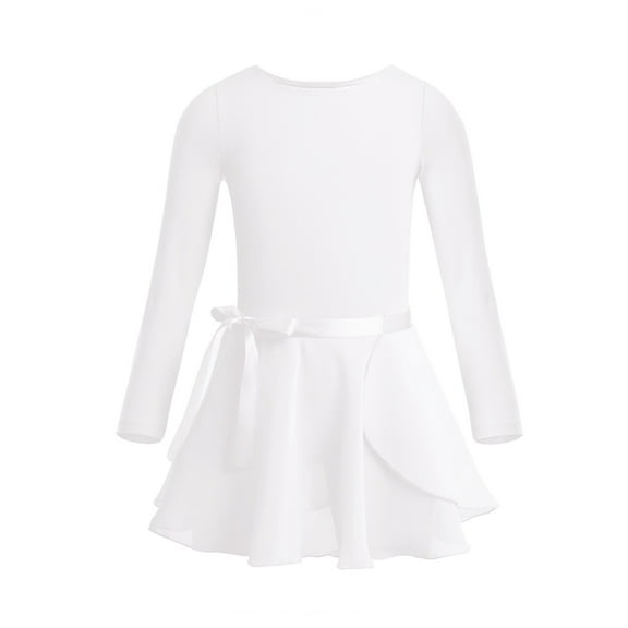 LiiYii Kids Girls Basic Ballet Dance Combo Dress Long Sleeve Gymnastics Leotard with Wrap Skirts Ivory XL