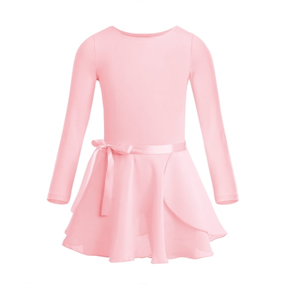 LiiYii Kids Girls Basic Ballet Dance Combo Dress Long Sleeve Gymnastics Leotard with Wrap Skirts Pearl Pink XS