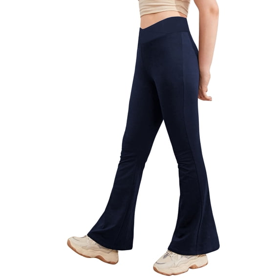 LiiYii Kids Girls Casual Elastic High Waist Flare Pants Stretchy Bootcut Trousers Bell Bottoms Dark Navy 130
