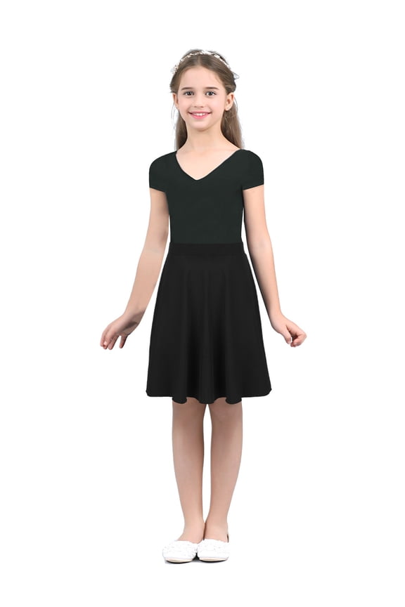Kids Girls Casual Midi Skirt Knee Length Summer Skater Elastic Waist School Uniform Dress Lyrical Dance Skirt Black 6