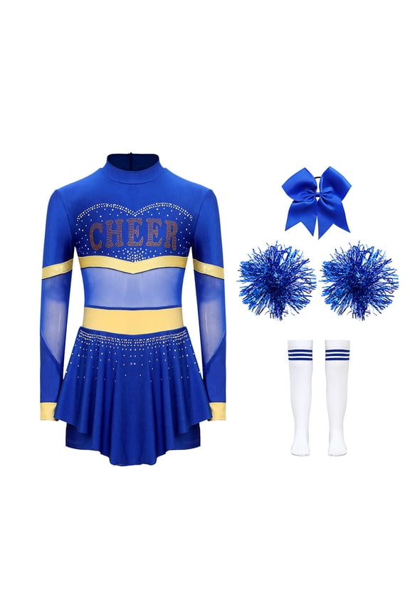 Kids Girls Cheer Leader Dance Outfit Cheerleading Skirt Set Stage Party Performance Dress Up Blue 6