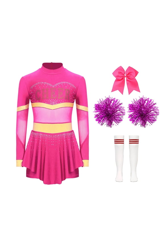 Kids Girls Cheer Leader Dance Outfit Cheerleading Skirt Set Stage Party Performance Dress Up Hot Pink B 6