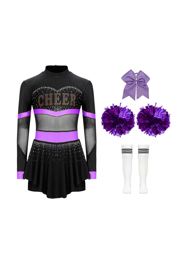 Kids Girls Cheer Leader Dance Outfit Cheerleading Skirt Set Stage Party Performance Dress Up Purple C 12