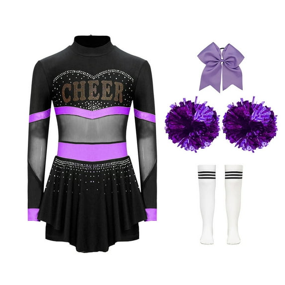 LiiYii Kids Girls Cheer Leader Dance Outfit Cheerleading Skirt Set Stage Party Performance Dress Up Purple C 16