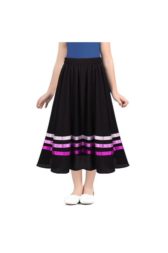 Kids Girls Chiffon Lyrical Praise Dance Dress for Ballet Stage Performance Show Flamenco Ballroom Skirt Belly Dance Long Skirt Black&Pink 6