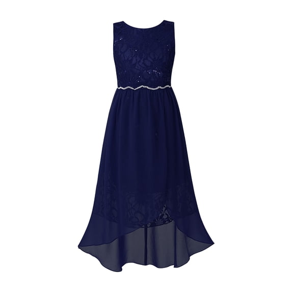 LiiYii Kids Girls Chiffon Wedding Bridesmaid Dress Sleeveless Shiny Sequins Flower Girl Dresses Ball Navy Blue 8