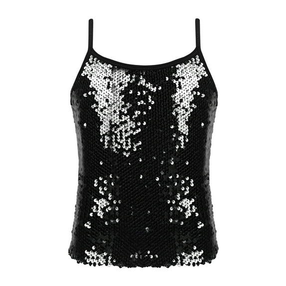 LiiYii Kids Girls Dance Party Camisole Sequins Adjustable Spaghetti Shoulder Straps Tank Top Black 8