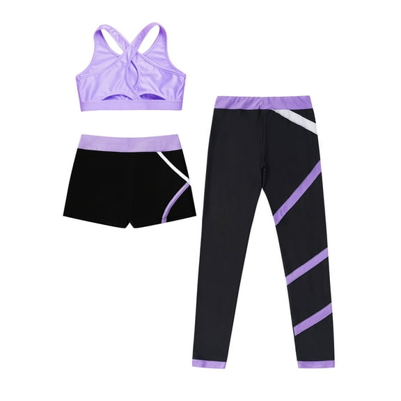 LiiYii Kids Girls Dance Sports Outfit Crop Top with Booty Shorts and Leggings 3Pcs Gym Clothes Set Lavender 14
