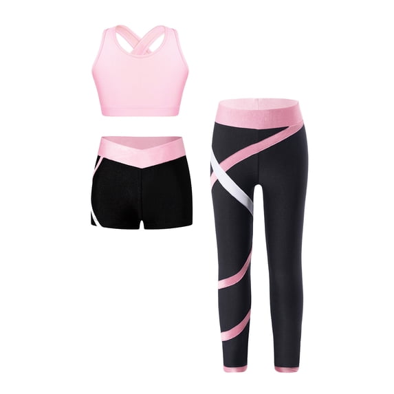 LiiYii Kids Girls Dance Sports Outfit Crop Top with Booty Shorts and Leggings 3PCS Gym Clothes Set Pink 6