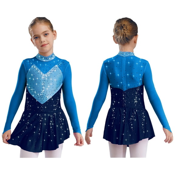 LiiYii Kids Girls Figure Ice Skating Dress Mesh Splice Rhinestones Tutu Skirted Leotard Dress for Competition Blue 12