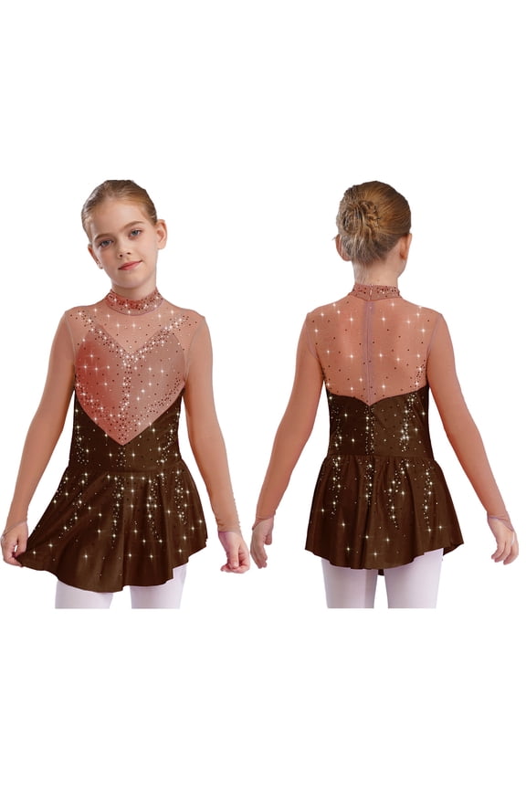 Kids Girls Figure Ice Skating Dress Mesh Splice Rhinestones Tutu Skirted Leotard Dress for Competition Brown 10