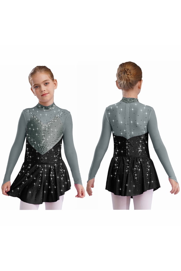 Kids Girls Figure Ice Skating Dress Mesh Splice Rhinestones Tutu Skirted Leotard Dress for Competition Gray&Black 6