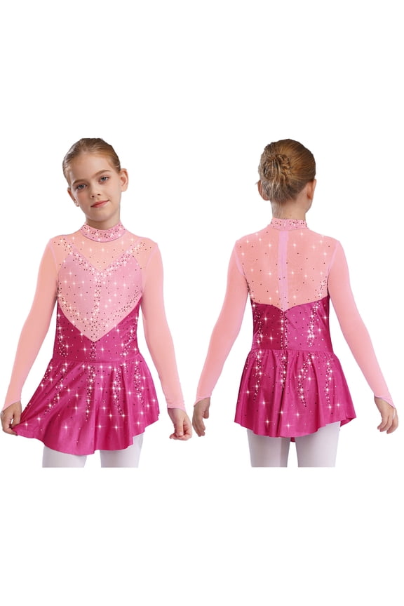 Kids Girls Figure Ice Skating Dress Mesh Splice Rhinestones Tutu Skirted Leotard Dress for Competition Hot Pink 6