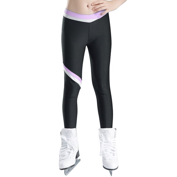 LiiYii Kids Girls Figure Skating Pants High Waist Ice Skating Leggings Gym Yoga Slim Fit Bottoms Light Purple 8
