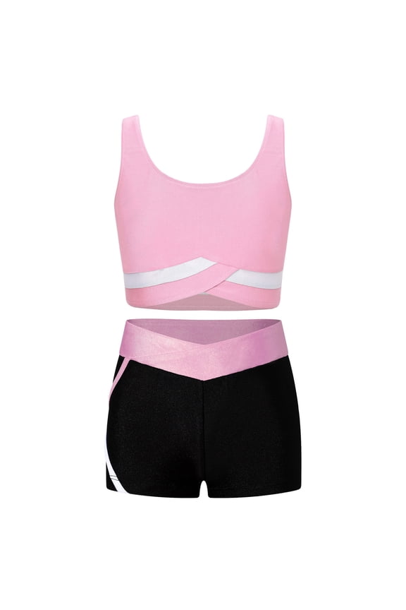 Kids Girls Gymnastic Ballet Dance Outfits 2 Piece Tracksuits Sports Crop Tops and Booty Shorts Pink 12