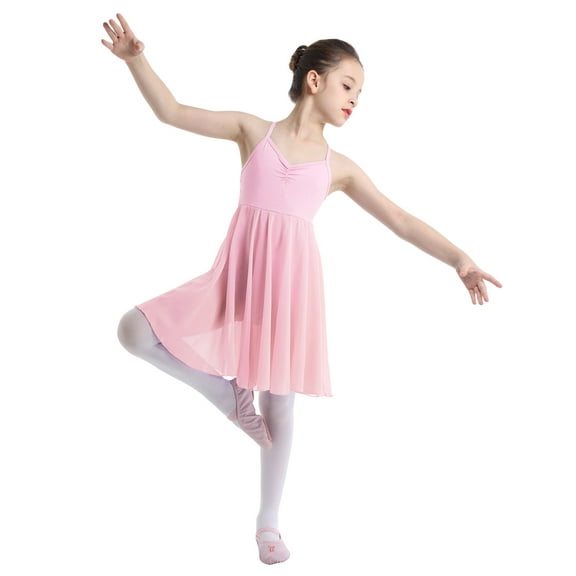 LiiYii Kids Girls Gymnastics Leotard Sleeveless Ruffled Chiffon Skirt Ballet Lyrical Dance Dress Pink L