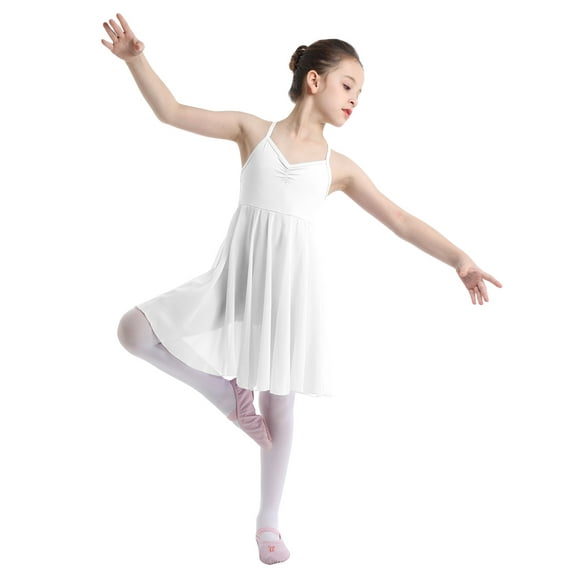 LiiYii Kids Girls Gymnastics Leotard Sleeveless Ruffled Chiffon Skirt Ballet Lyrical Dance Dress White L