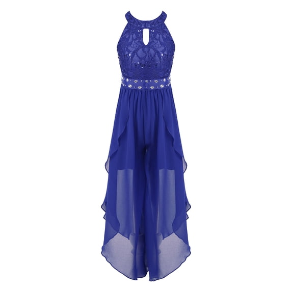 LiiYii Kids Girls Halter Sleeveless Romper Gowns Wedding Junior Bridesmaid Dress Flower Girl Dress Royal Blue 14