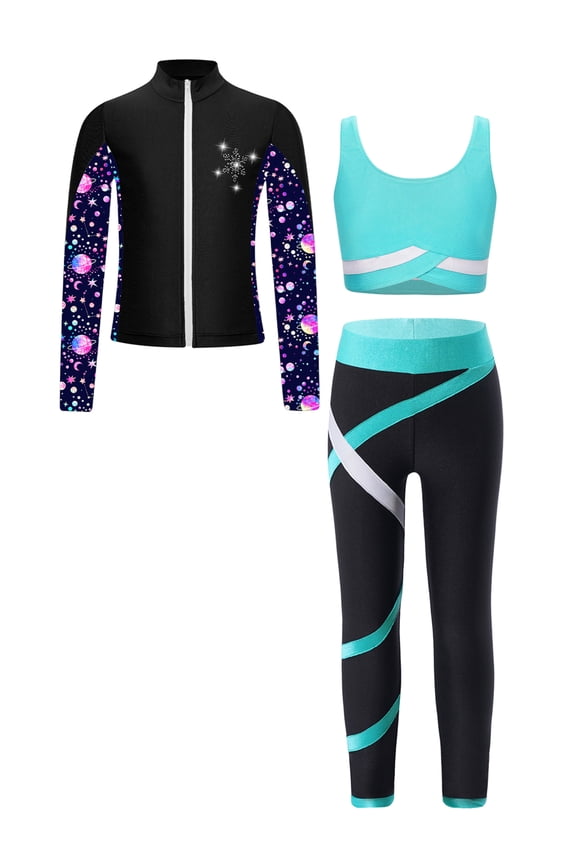 Kids Girls Ice Skating Suit Stripe Zipper Jacket Vest with Patchwork Pants Set Yoga Workout Blue Green 16
