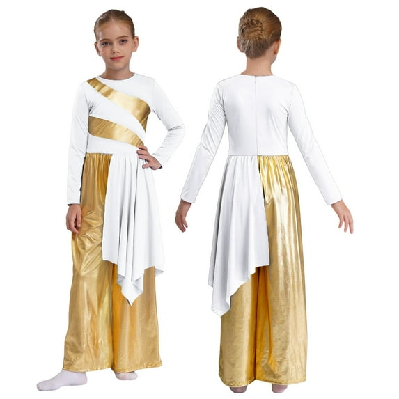 LiiYii Kids Girls Liturgical Praise Dance Bodysuit Metallic Color Block Patchwork Long Sleeve Dancewear White 6