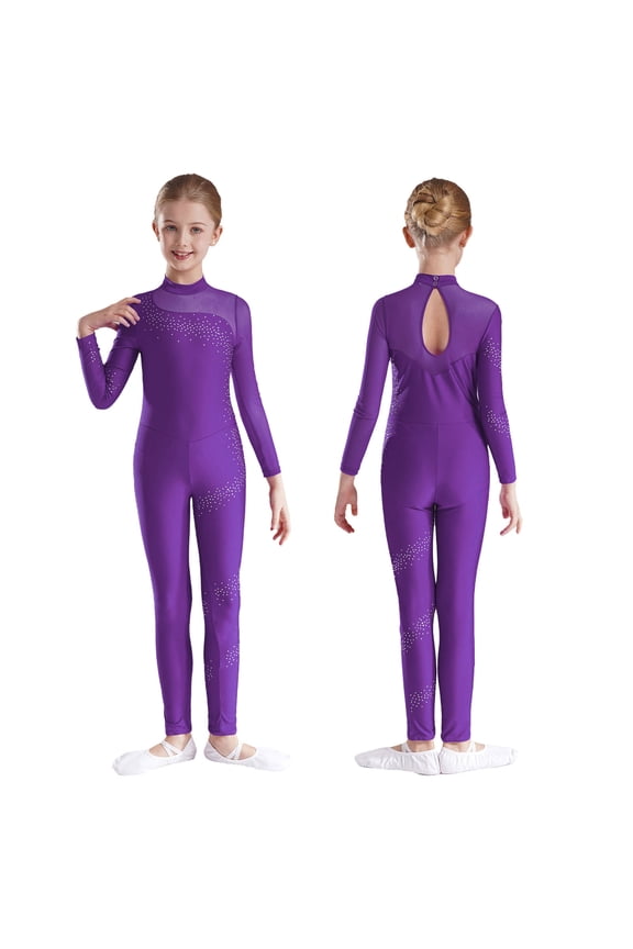 Kids Girls One Piece Full Body Unitard Gymnastics Leotard Figure Skating Jumpsuit Romper Dancewear Purple 6
