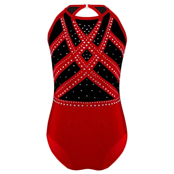 LiiYii Kids Girls One Piece Gymnastics Leotard Shiny Rhinestones Figure Ice Skating Unitard Sports Red 6
