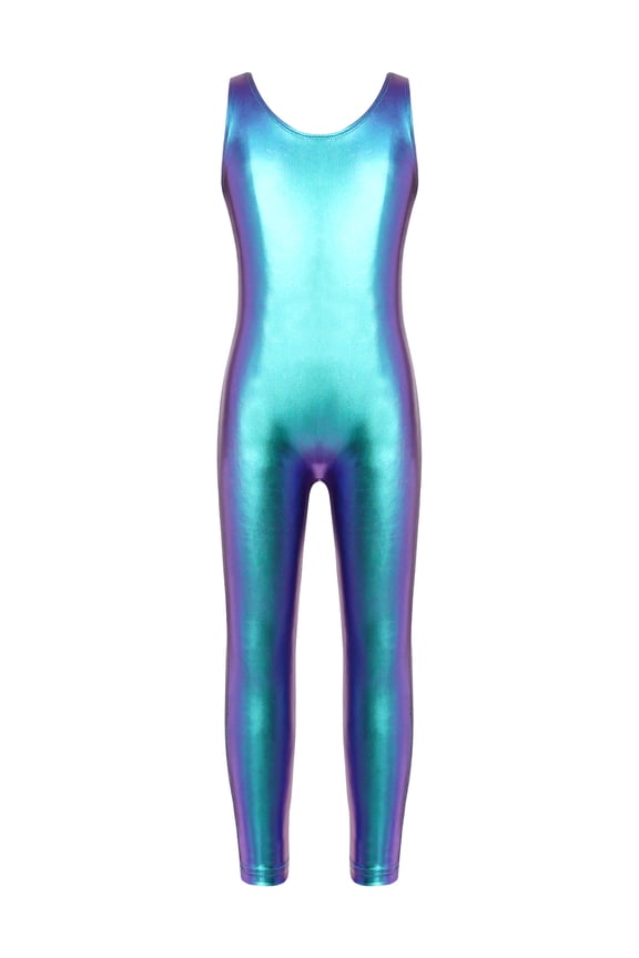Kids Girls One Piece Shiny Metallic Gymnastic Leotard Catsuit Sleeveless Full Body Unitard Colorful S
