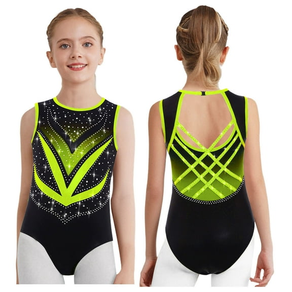 LiiYii Kids Girls Rhinestone Gymnastics Leotard Ballet Dance Biketard One Piece Tumblin Unitard Jumpsuit Fluorescent Green 14