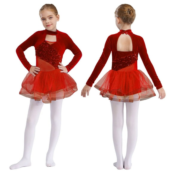 LiiYii Kids Girls Sequin Leotard Ballet Tutu Dress Lyrical Ballerina Outfit Modern Ballroom Dance Costume Red 14